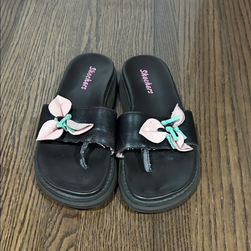 Vtg Y2K 90s Skechers black platform thong flower flip flop sandals 7